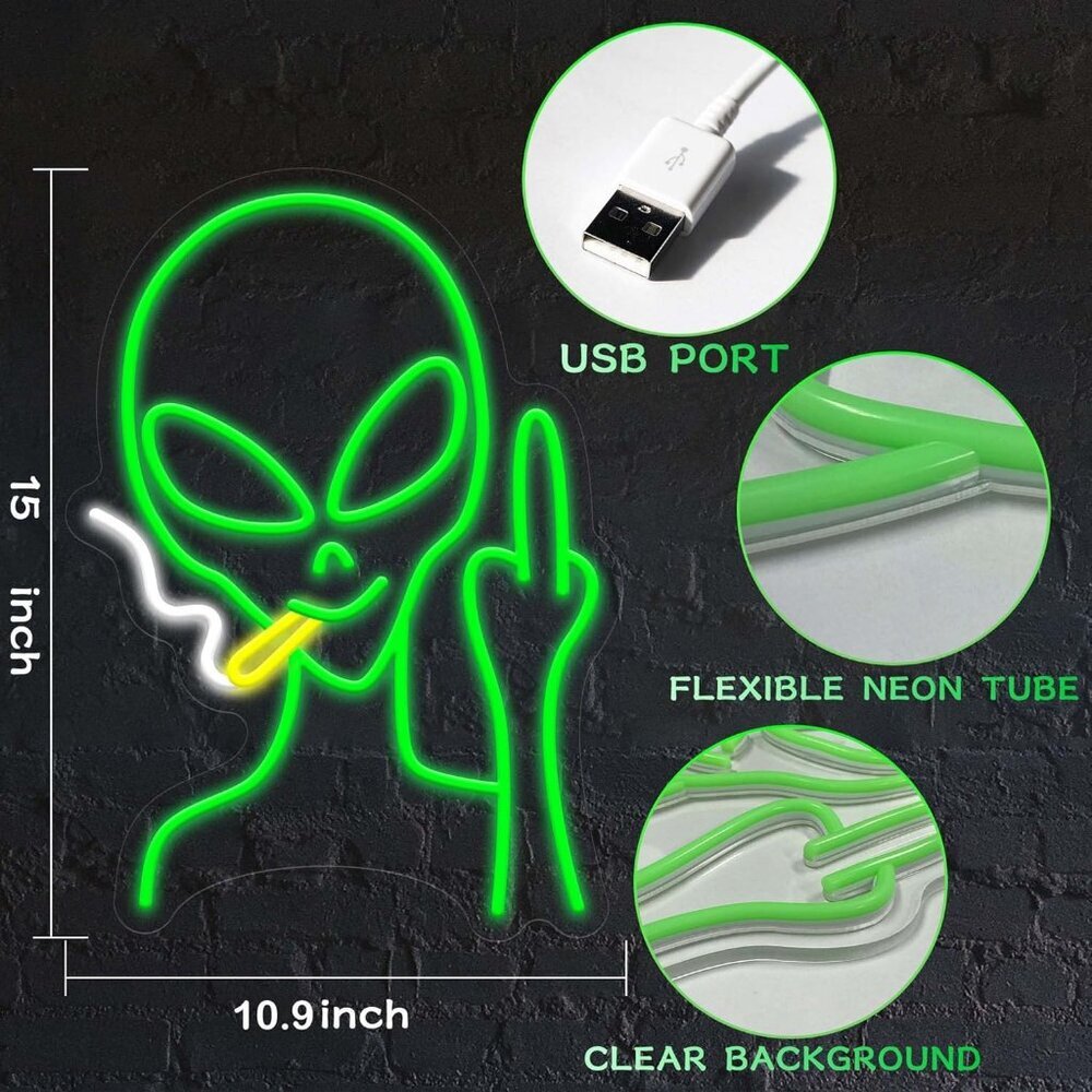 Green Alien Neon LED Sign Dimmable Wall Decor for Bedroom Man Cave Kids Birthday - Picture 4 of 7